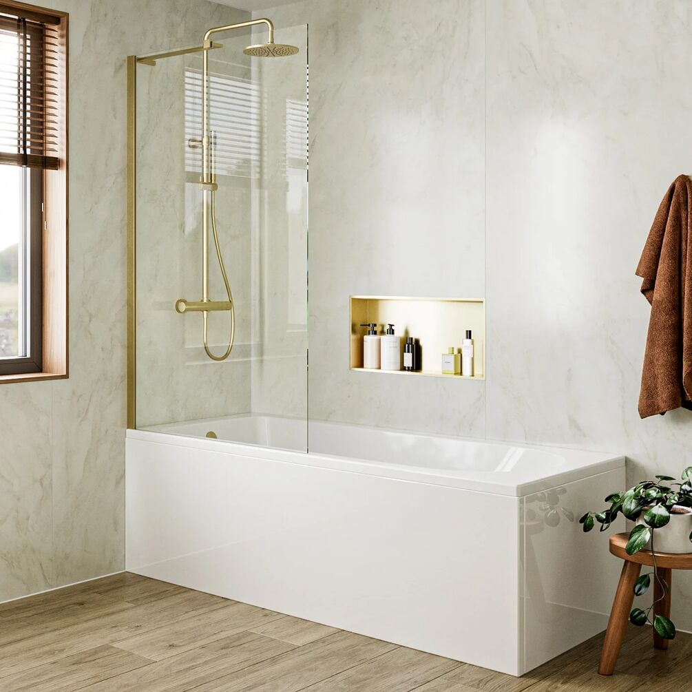 Lifestyle image of Crosswater Clear 6 Brushed Brass Fixed Bath Screen